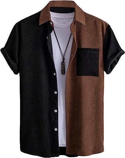 Men's Casual Button Up Shirt Pocket Short Sleeve Colorblock Collar Blouse Tops