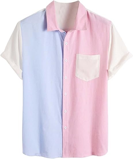 Men's Colorblock Button Down Short Sleeve Pocket Front Shirt Tops